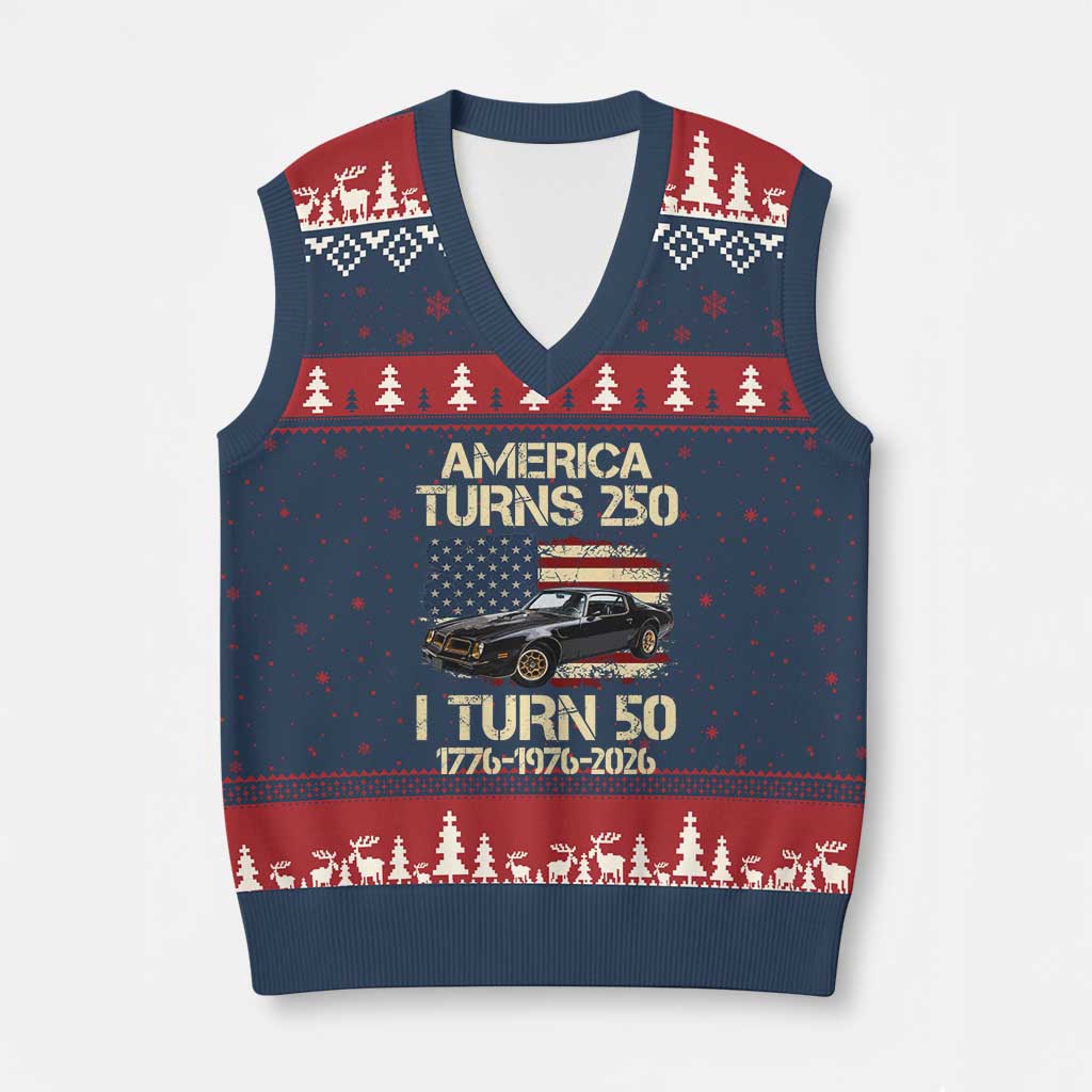 America Turns 250 I Turn 50 1976 50th Birthday V-Neck Knit Sweater Vest Retro 70s Muscle Car Lover