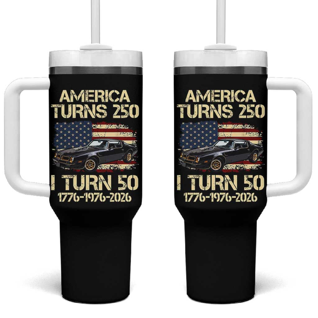 America Turns 250 I Turn 50 1976 50th Birthday Tumbler With Handle Retro 70s Muscle Car Lover