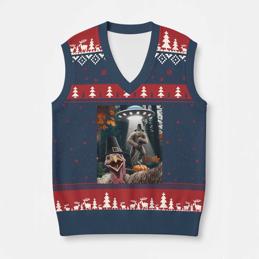 Thanksgiving Funny Bigfoot Turkey Selfie V-Neck Knit Sweater Vest - Wonder Print Shop