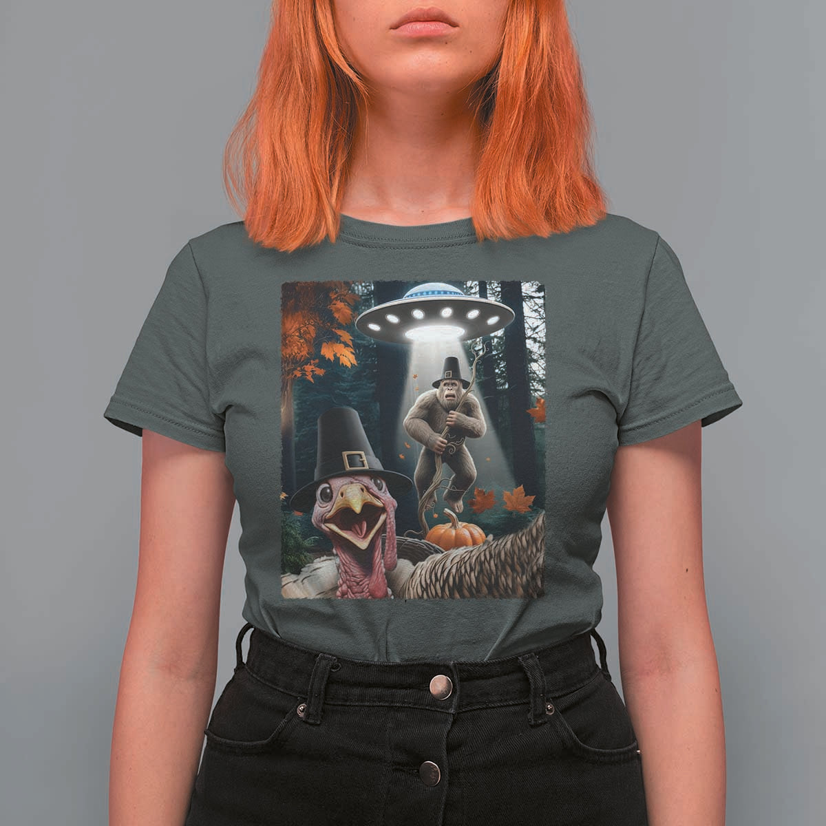 Thanksgiving Funny Bigfoot Turkey Selfie T Shirt For Women - Wonder Print Shop