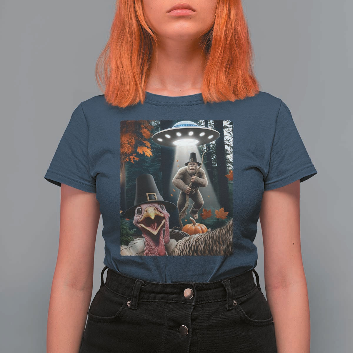 Thanksgiving Funny Bigfoot Turkey Selfie T Shirt For Women - Wonder Print Shop
