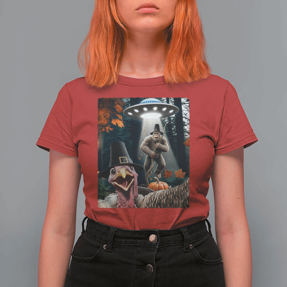 Thanksgiving Funny Bigfoot Turkey Selfie T Shirt For Women - Wonder Print Shop