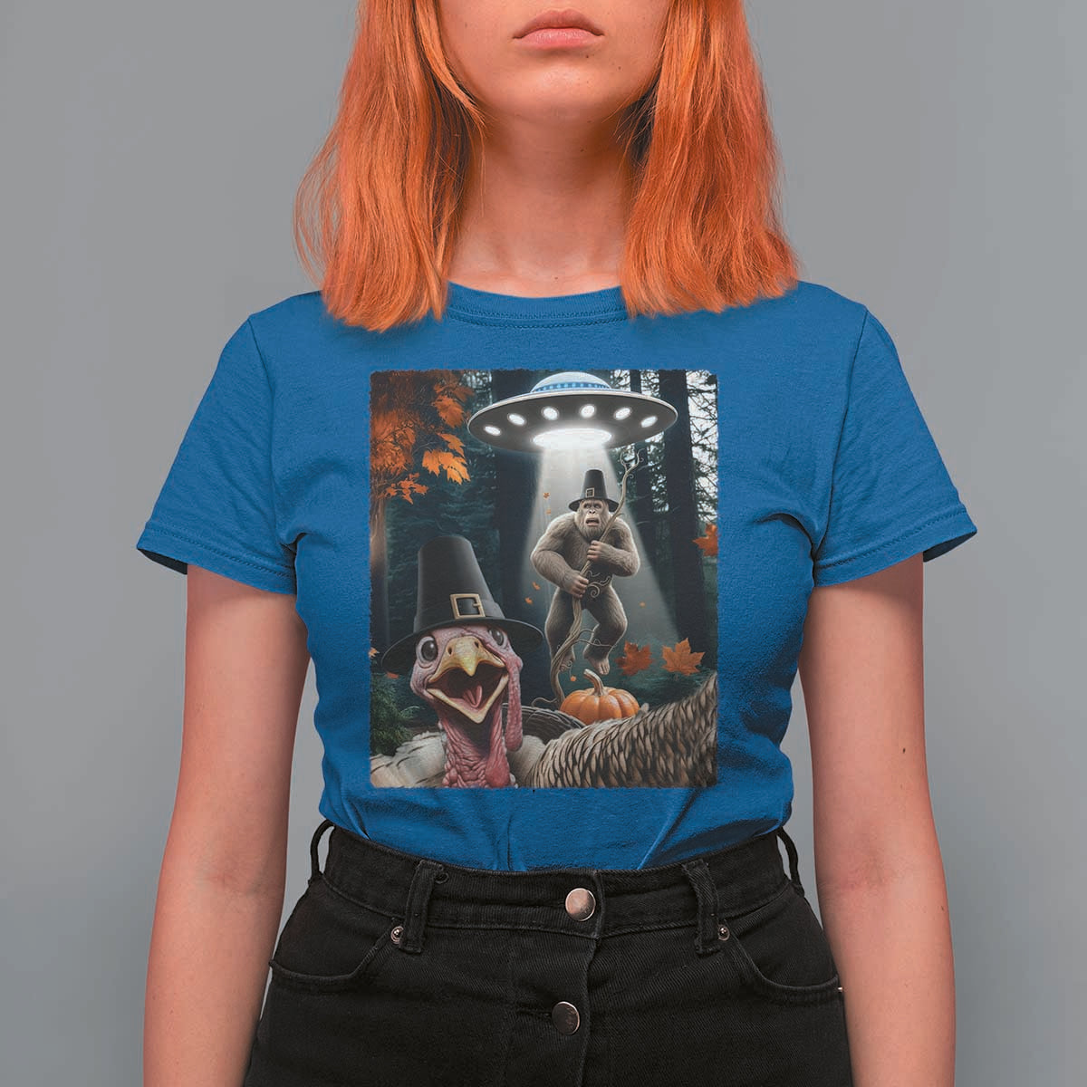Thanksgiving Funny Bigfoot Turkey Selfie T Shirt For Women - Wonder Print Shop