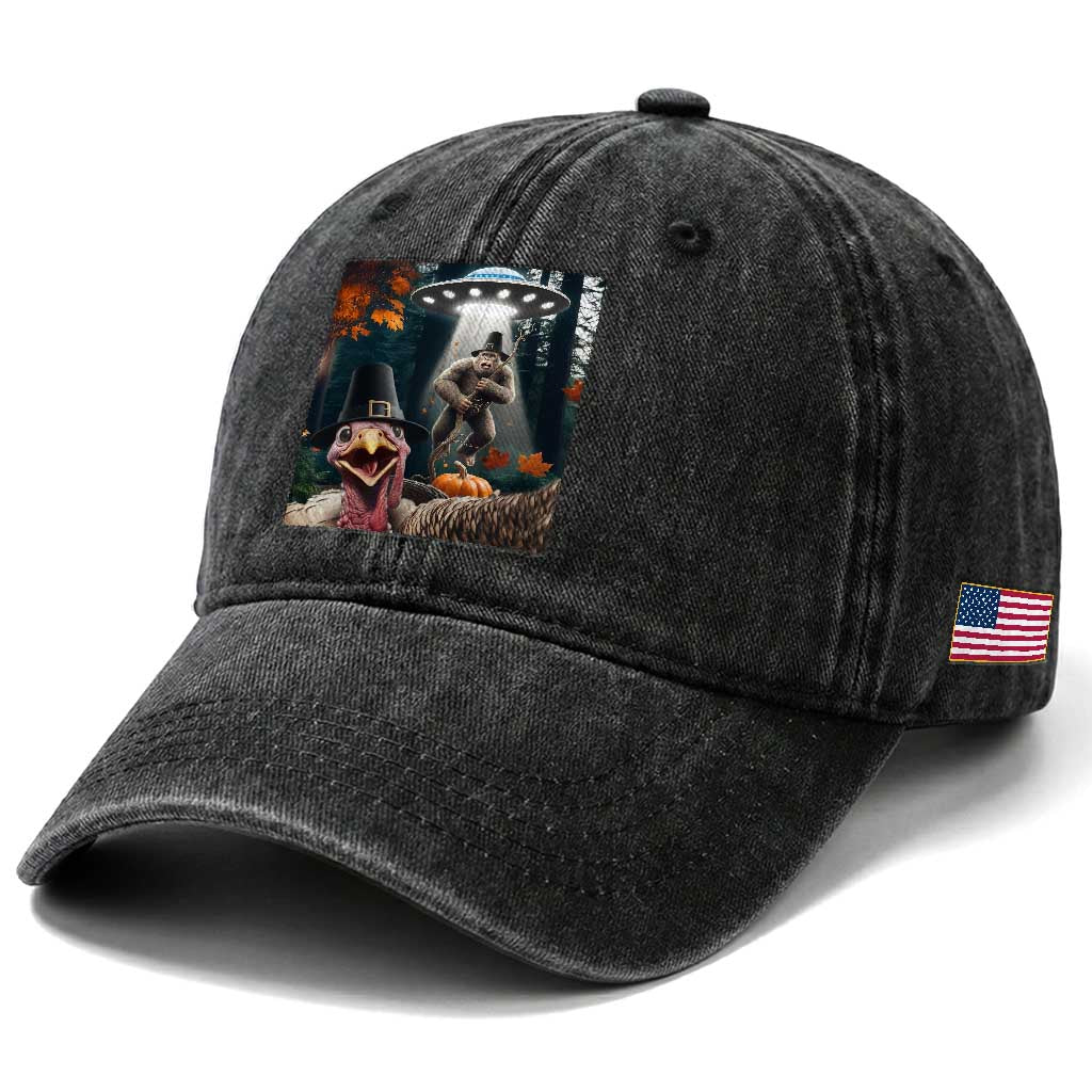 Thanksgiving Funny Bigfoot Turkey Selfie Washed Cotton Baseball Cap