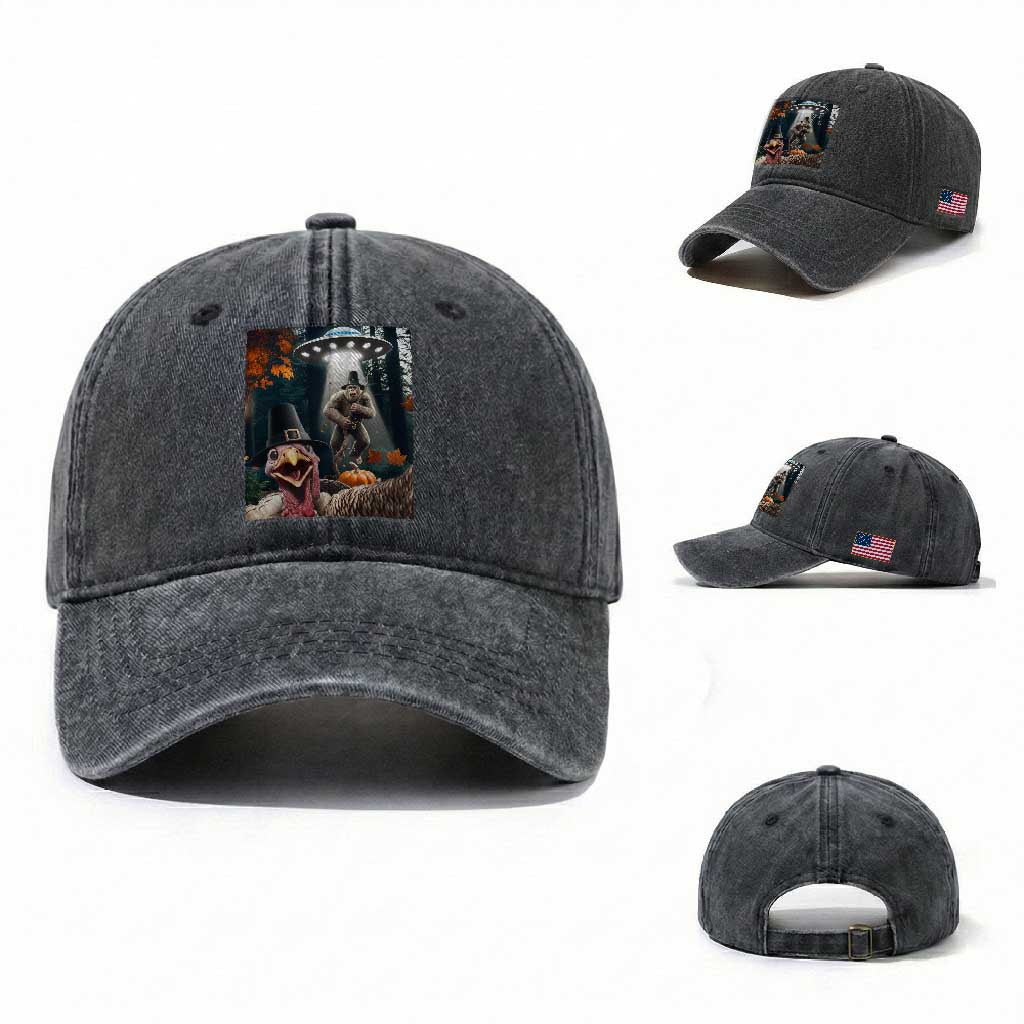 Thanksgiving Funny Bigfoot Turkey Selfie Washed Cotton Baseball Cap