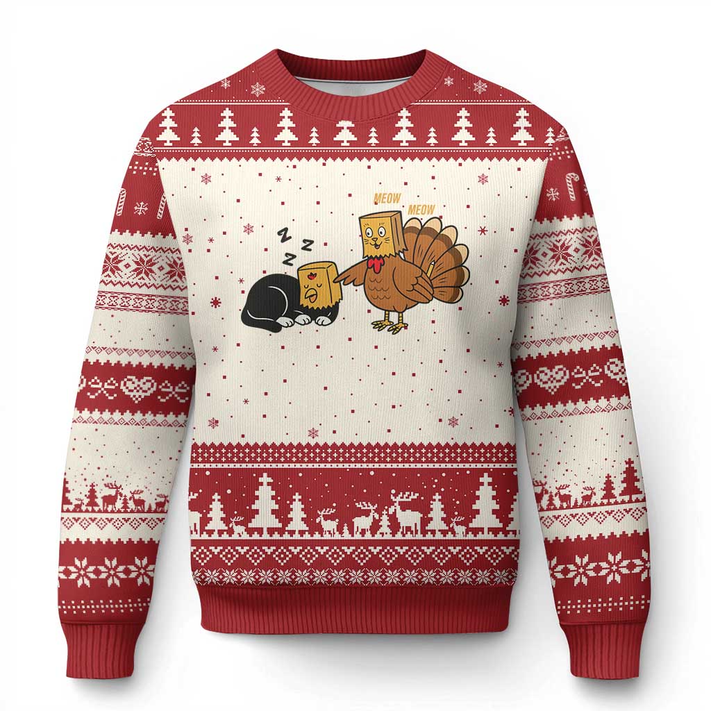 Funny Thanksgiving Ugly Christmas Sweater Turkey Fake Cat Meow - Wonder Print Shop