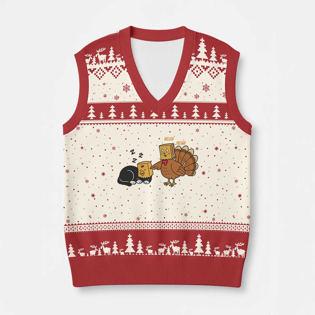Funny Thanksgiving V-Neck Knit Sweater Vest Turkey Fake Cat Meow - Wonder Print Shop