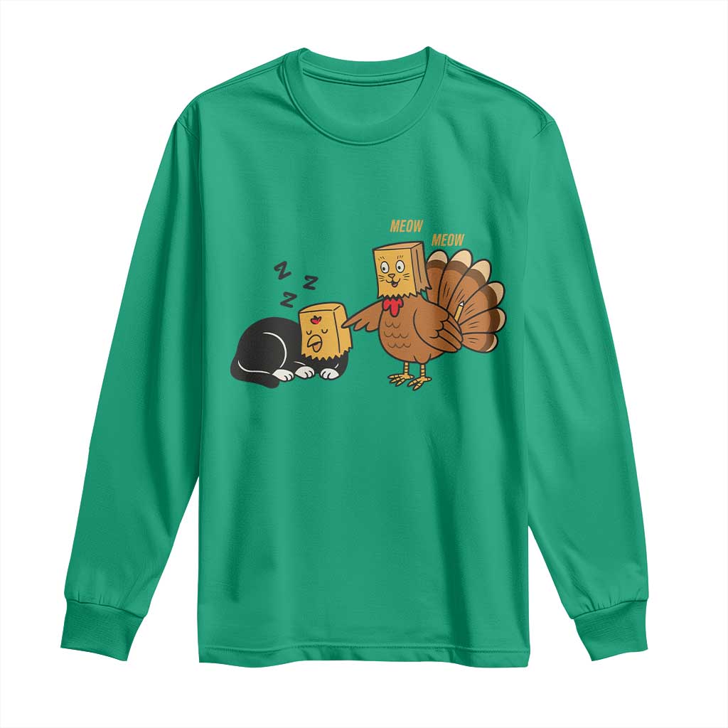 Funny Thanksgiving Long Sleeve Shirt Turkey Fake Cat Meow - Wonder Print Shop