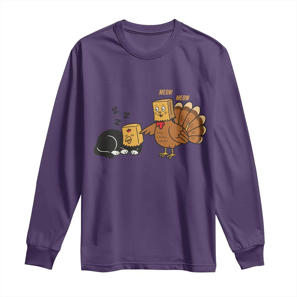 Funny Thanksgiving Long Sleeve Shirt Turkey Fake Cat Meow - Wonder Print Shop