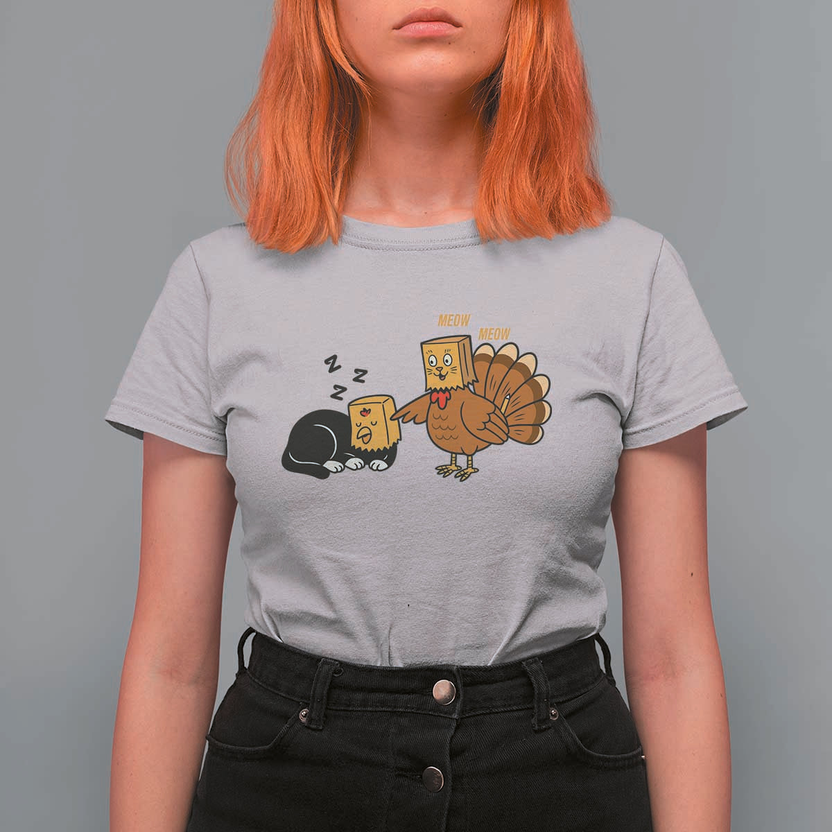 Funny Thanksgiving T Shirt For Women Turkey Fake Cat Meow - Wonder Print Shop
