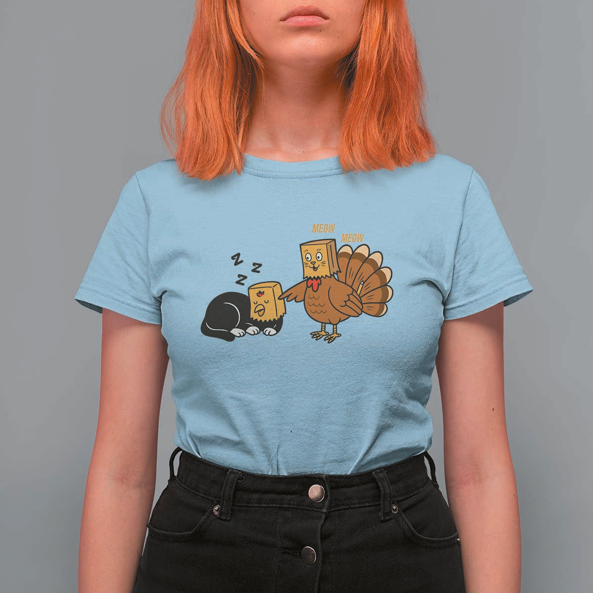 Funny Thanksgiving T Shirt For Women Turkey Fake Cat Meow - Wonder Print Shop
