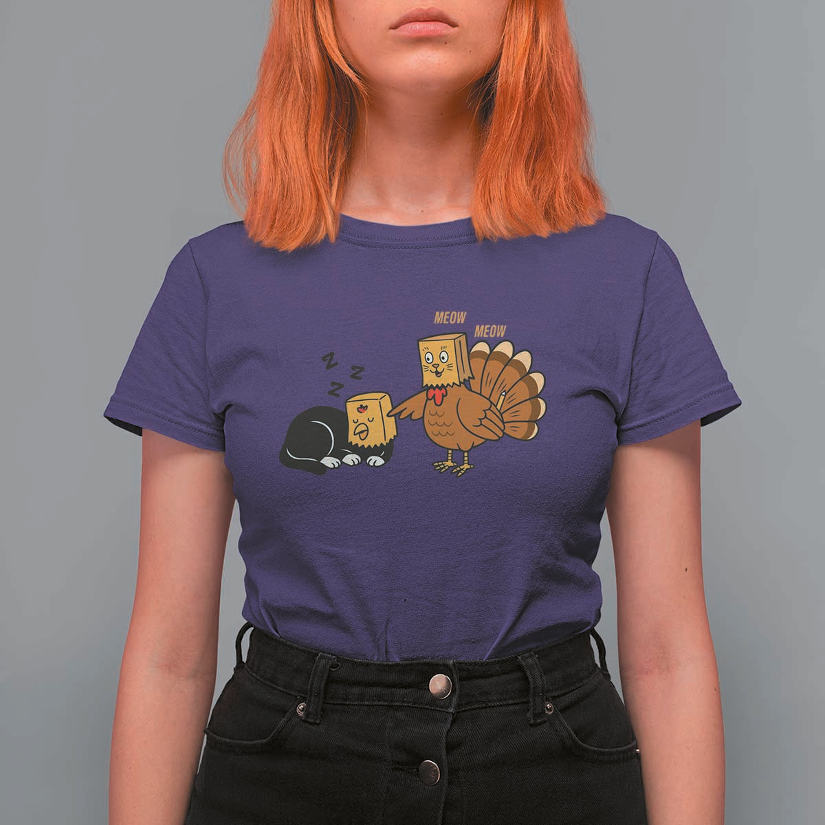 Funny Thanksgiving T Shirt For Women Turkey Fake Cat Meow - Wonder Print Shop