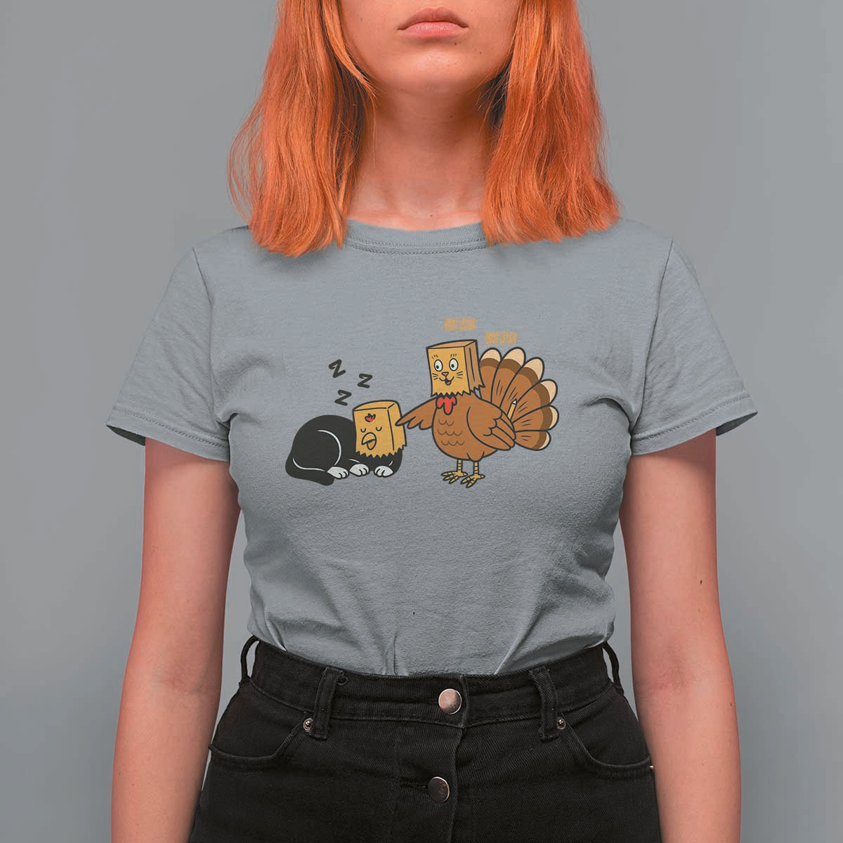 Funny Thanksgiving T Shirt For Women Turkey Fake Cat Meow - Wonder Print Shop