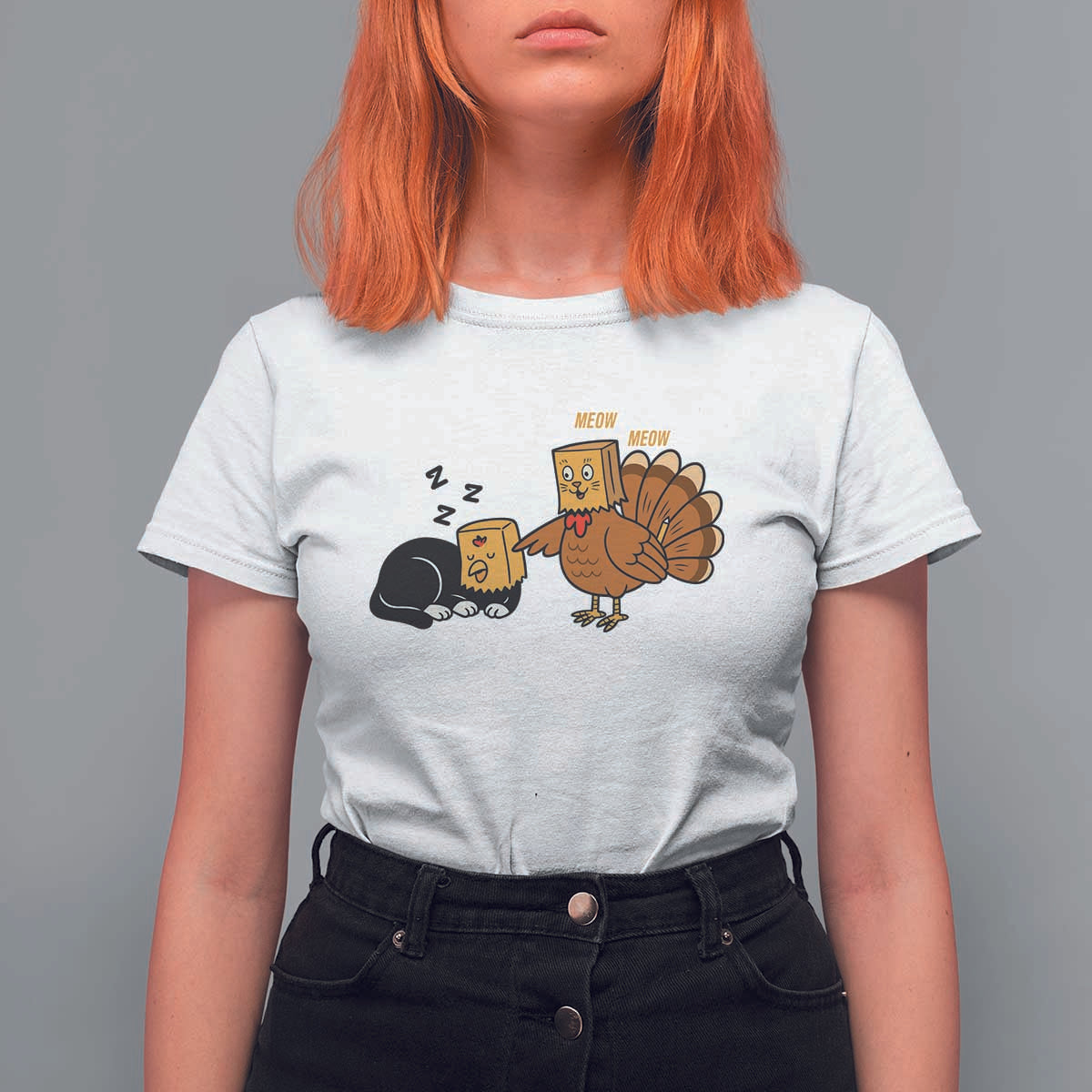 Funny Thanksgiving T Shirt For Women Turkey Fake Cat Meow - Wonder Print Shop