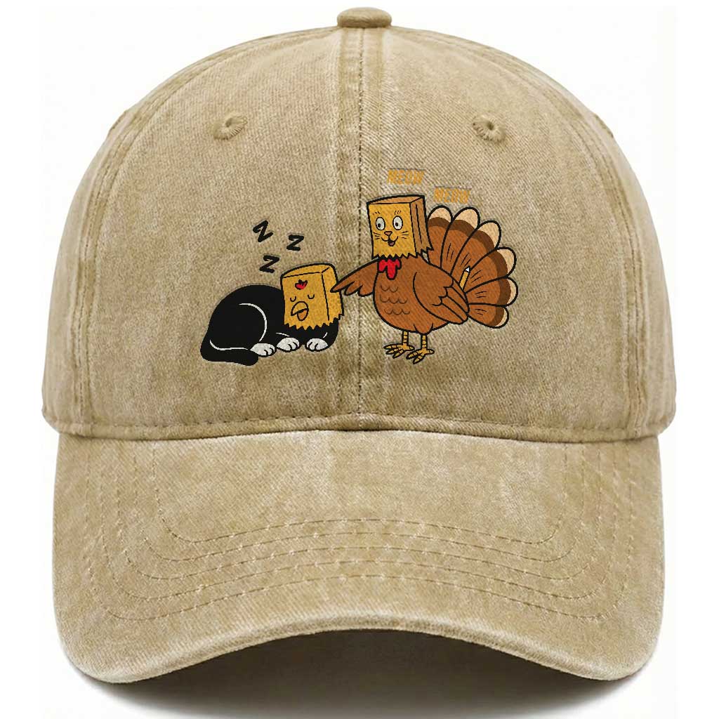 Funny Thanksgiving Washed Cotton Baseball Cap Turkey Fake Cat Meow