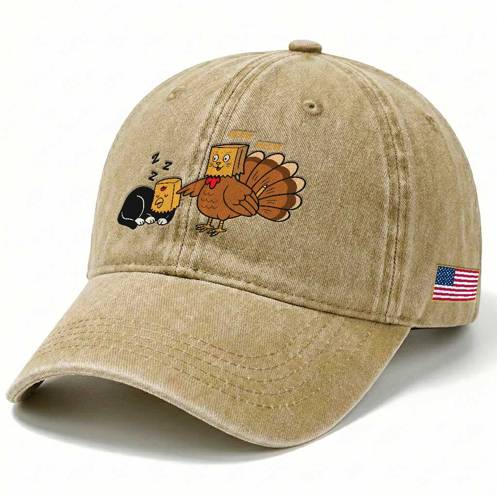 Funny Thanksgiving Washed Cotton Baseball Cap Turkey Fake Cat Meow