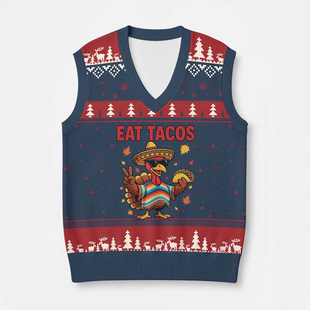 Funny Turkey Thanksgiving V-Neck Knit Sweater Vest Eat Tacos - Wonder Print Shop
