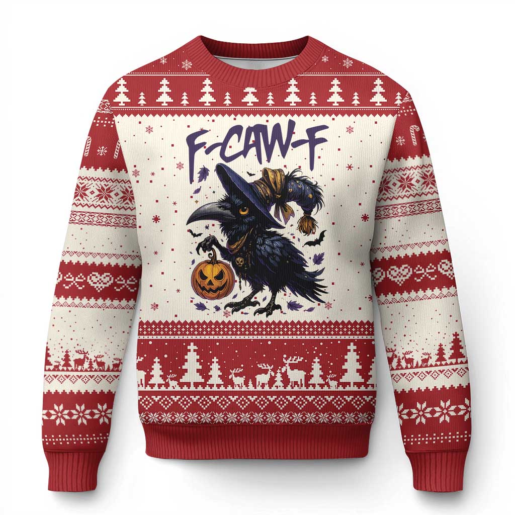 F Caw F Black Crow Halloween Meme Ugly Christmas Sweater - Wonder Print Shop