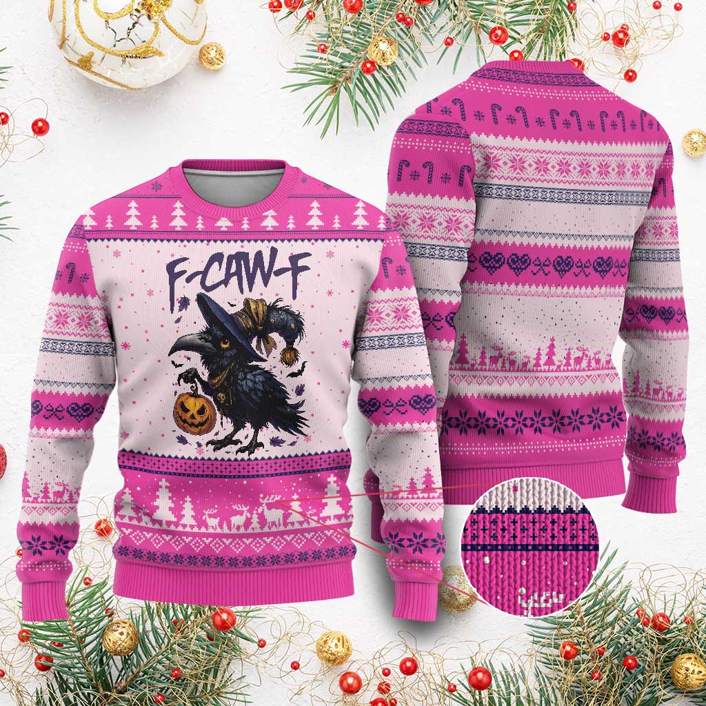 F Caw F Black Crow Halloween Meme Ugly Christmas Sweater - Wonder Print Shop