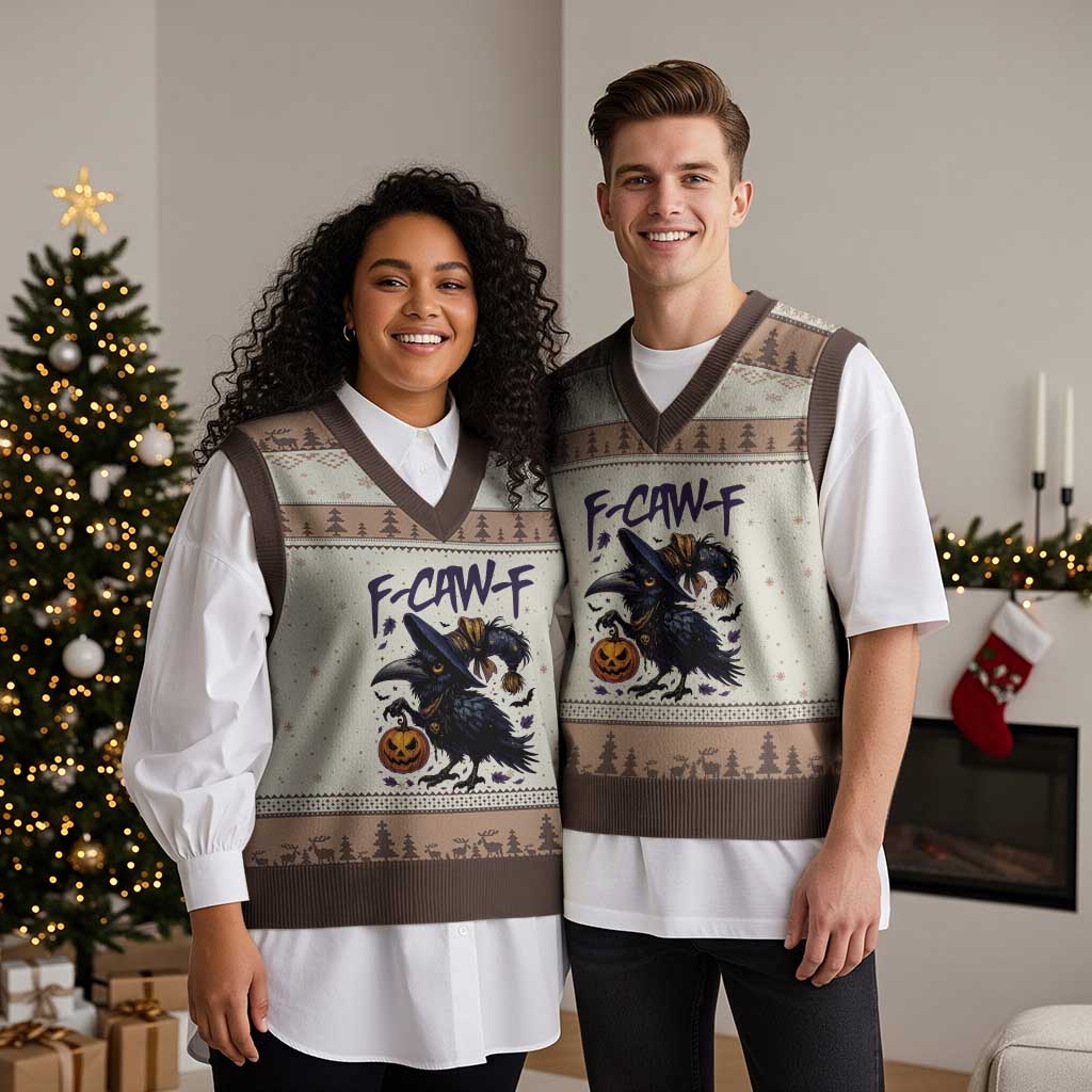 F Caw F Black Crow Halloween Meme V-Neck Knit Sweater Vest - Wonder Print Shop