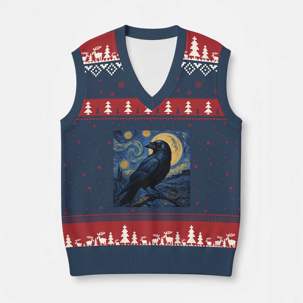 Starry Night Raven Moon Van Gogh V-Neck Knit Sweater Vest - Wonder Print Shop