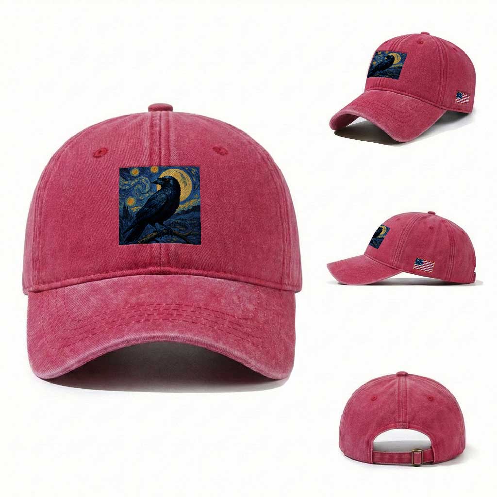 Starry Night Raven Moon Van Gogh Washed Cotton Baseball Cap