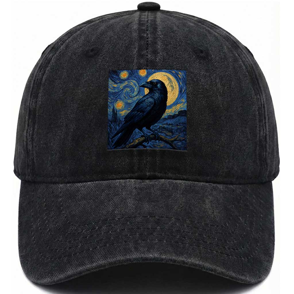 Starry Night Raven Moon Van Gogh Washed Cotton Baseball Cap