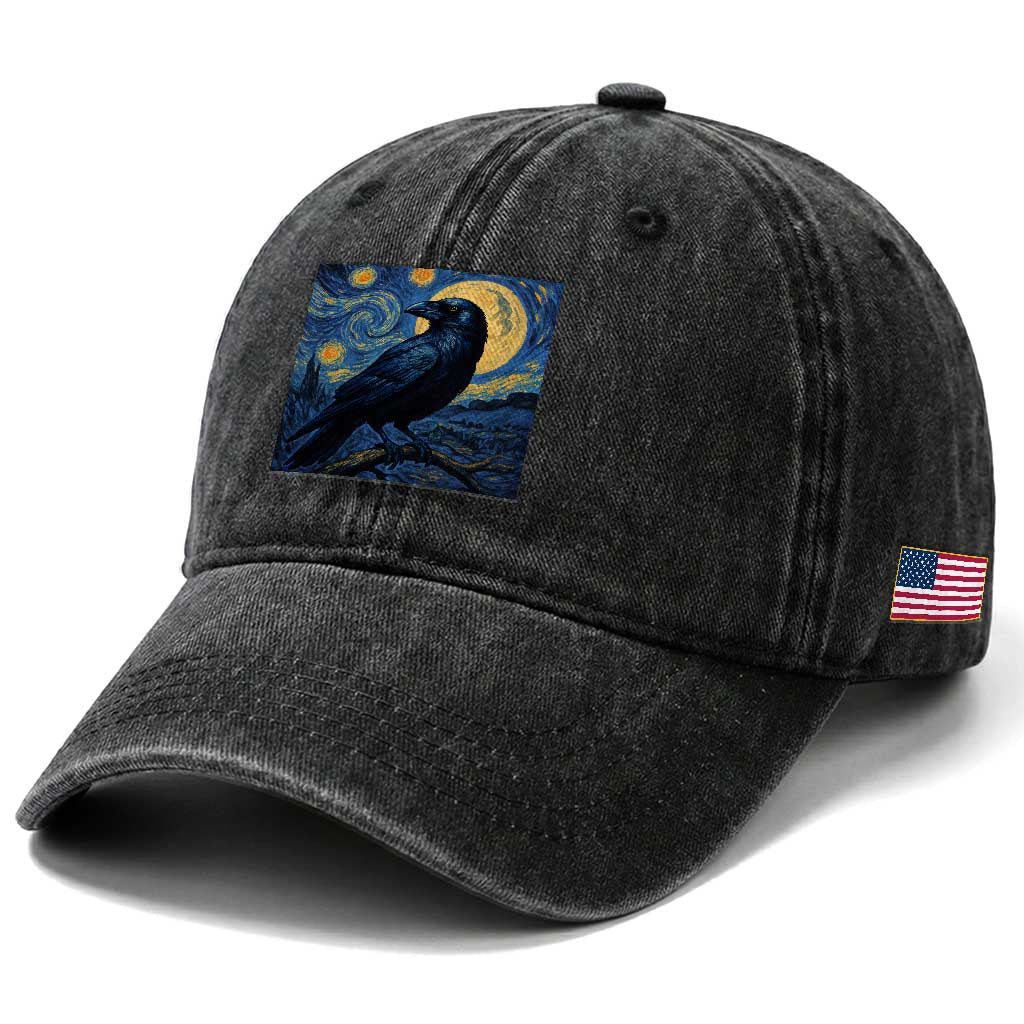 Starry Night Raven Moon Van Gogh Washed Cotton Baseball Cap