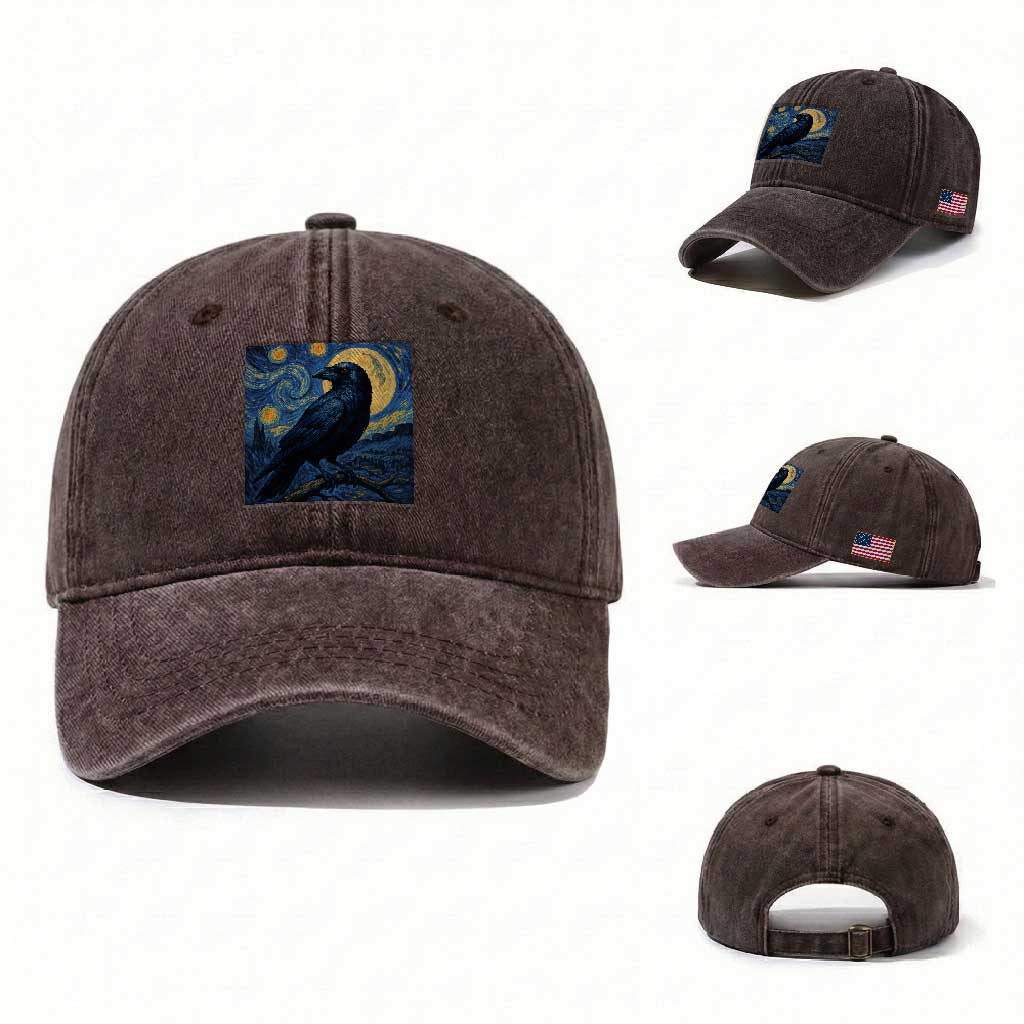 Starry Night Raven Moon Van Gogh Washed Cotton Baseball Cap