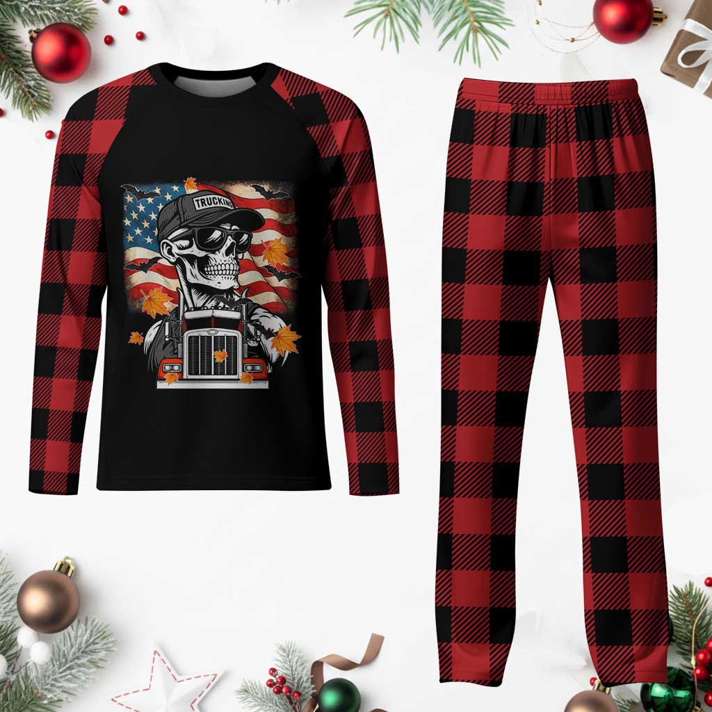Patriotic Trucker Skeleton American Flag Plaid Pajama Set - Wonder Print Shop