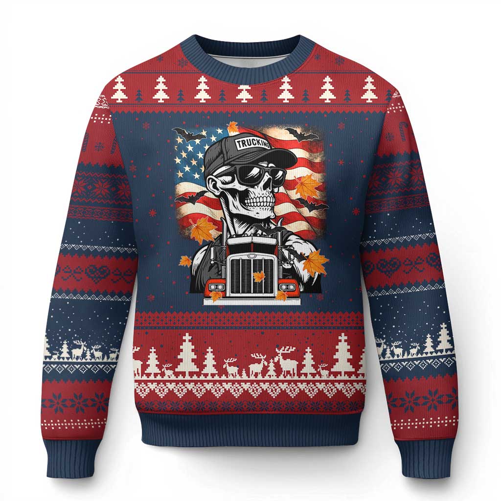 Patriotic Trucker Skeleton American Flag Ugly Christmas Sweater - Wonder Print Shop