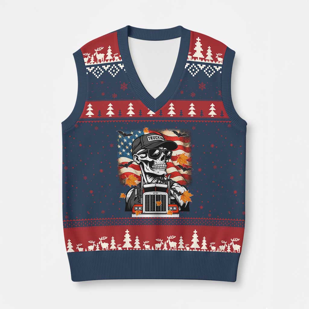 Patriotic Trucker Skeleton American Flag V-Neck Knit Sweater Vest - Wonder Print Shop