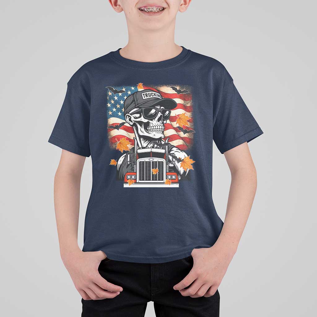 Patriotic Trucker Skeleton American Flag T Shirt For Kid - Wonder Print Shop