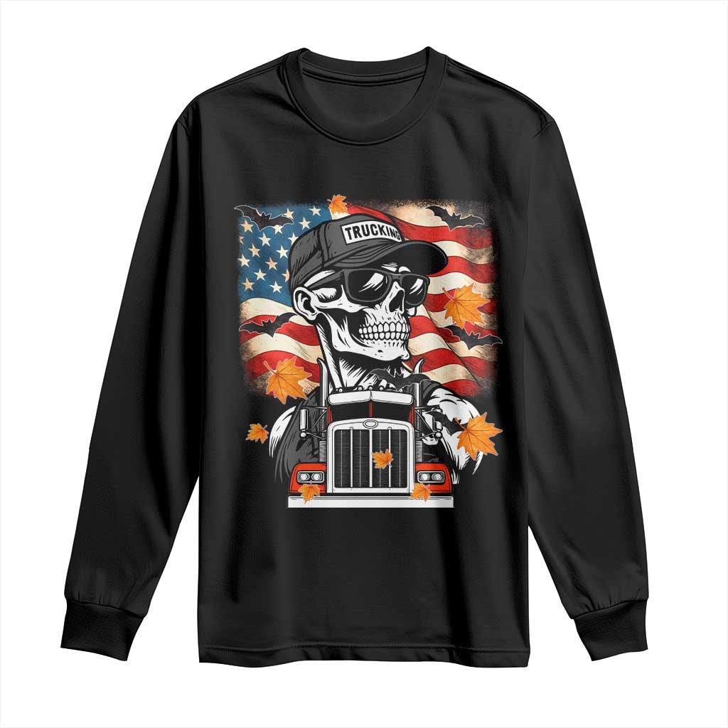Patriotic Trucker Skeleton American Flag Long Sleeve Shirt - Wonder Print Shop