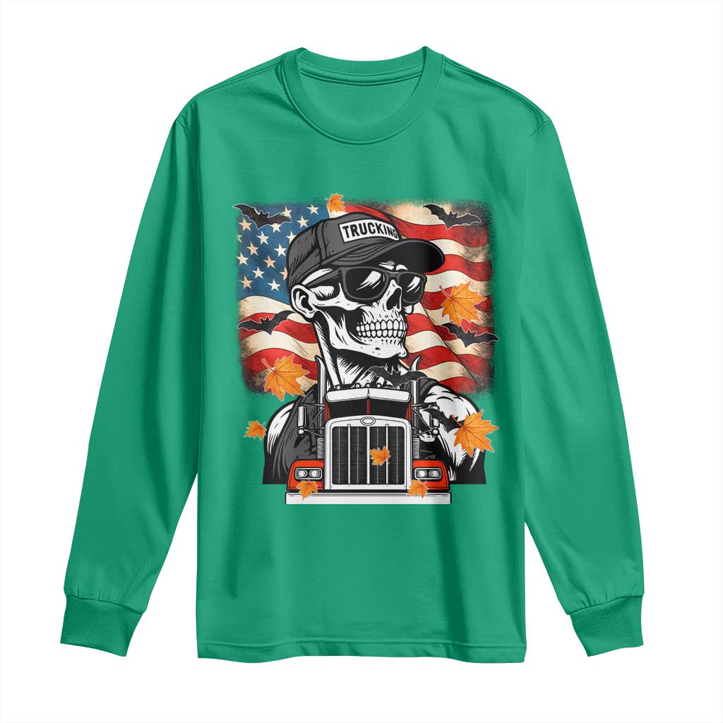 Patriotic Trucker Skeleton American Flag Long Sleeve Shirt - Wonder Print Shop