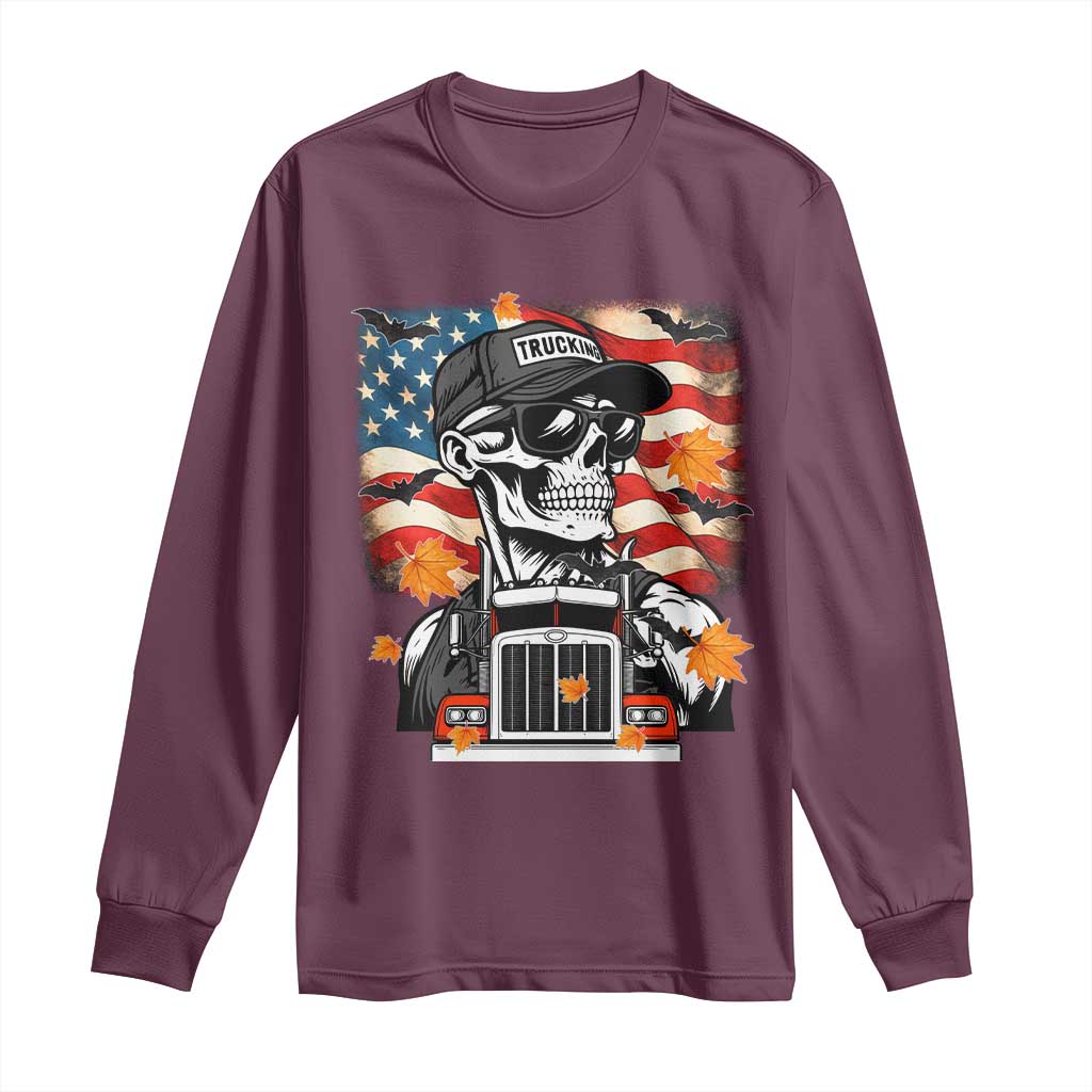 Patriotic Trucker Skeleton American Flag Long Sleeve Shirt - Wonder Print Shop