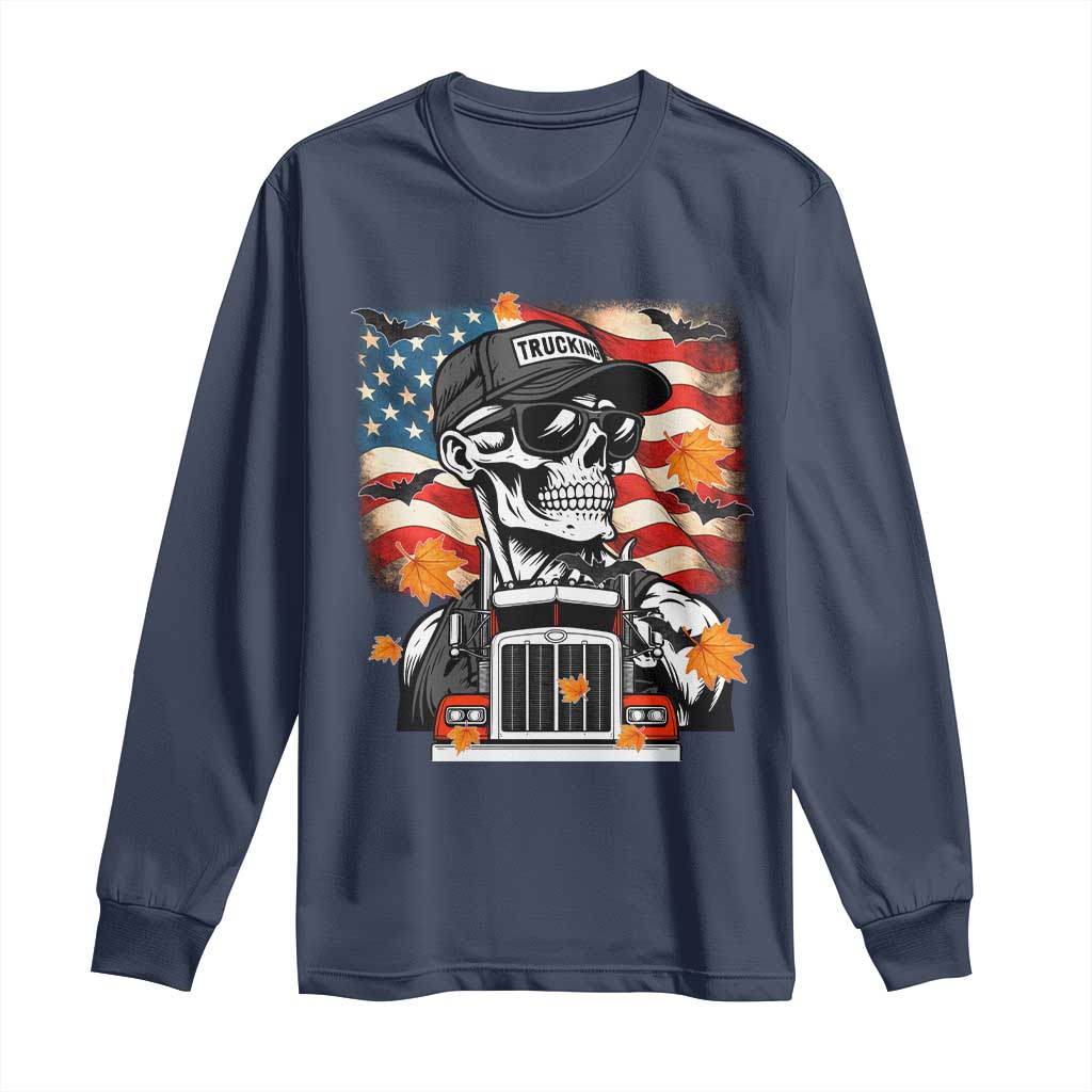 Patriotic Trucker Skeleton American Flag Long Sleeve Shirt - Wonder Print Shop