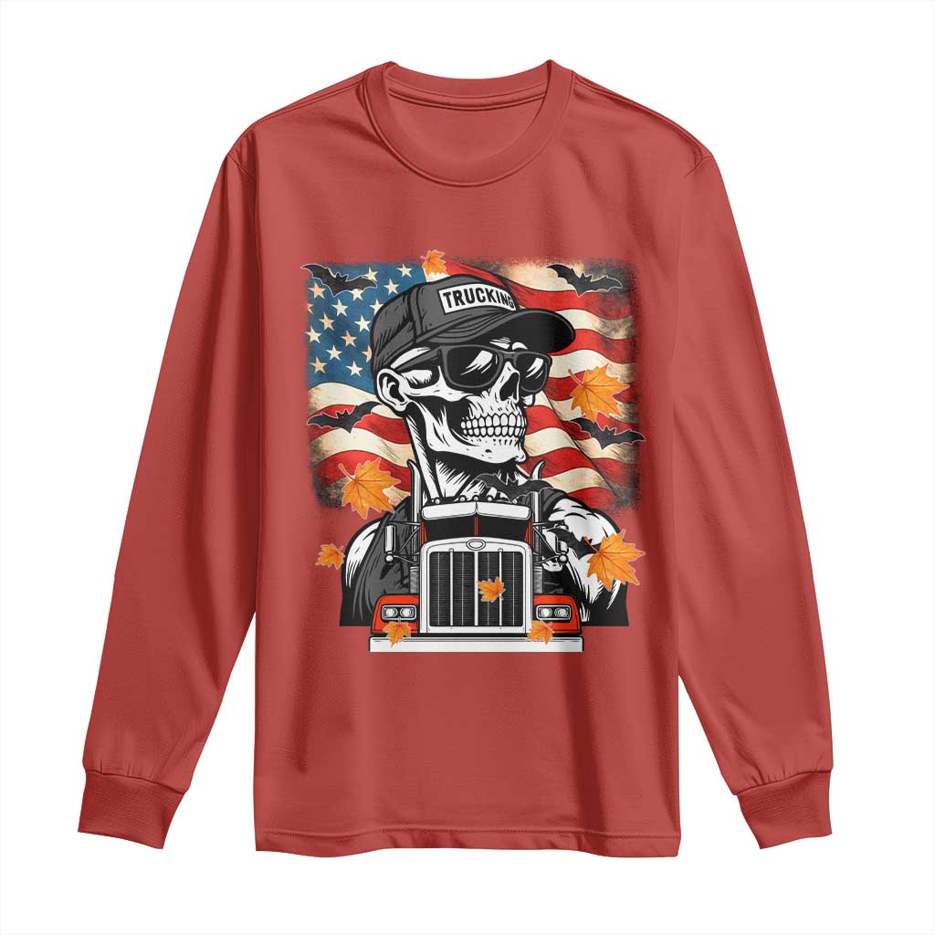 Patriotic Trucker Skeleton American Flag Long Sleeve Shirt - Wonder Print Shop
