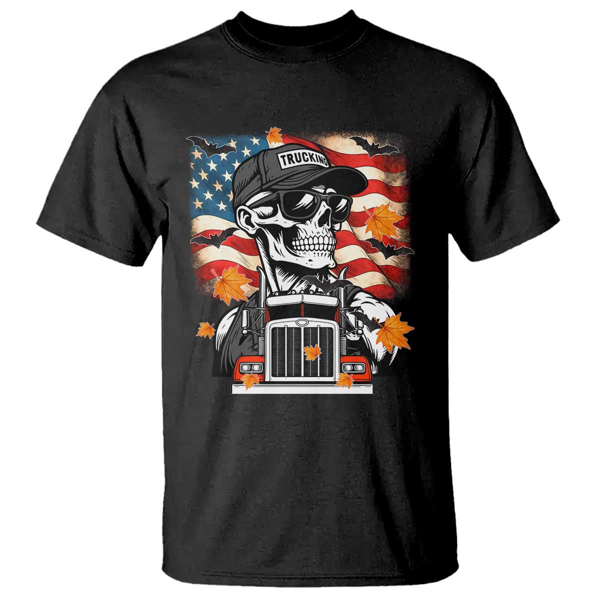 Patriotic Trucker Skeleton American Flag T Shirt - Wonder Print Shop