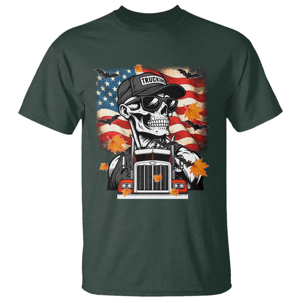 Patriotic Trucker Skeleton American Flag T Shirt - Wonder Print Shop