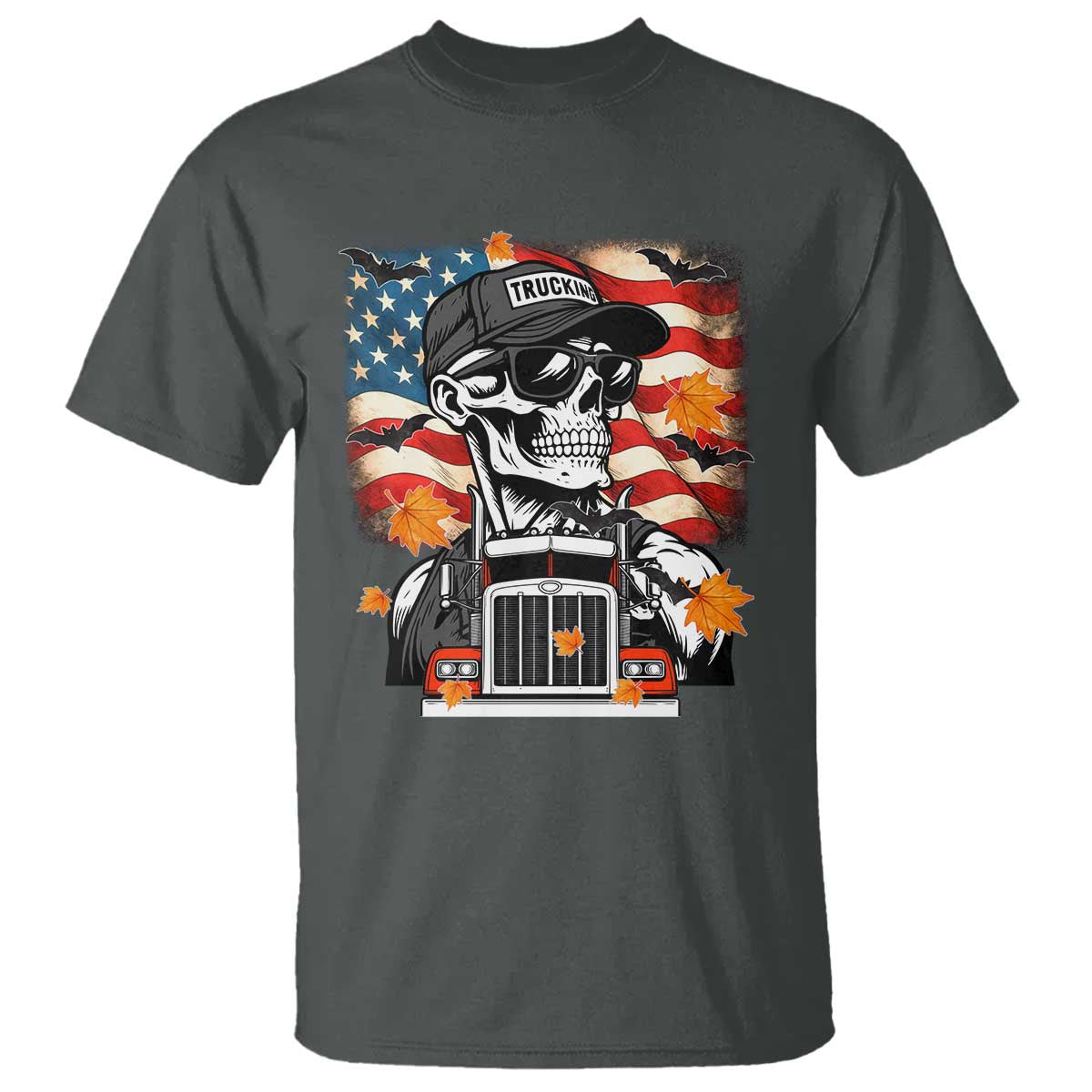 Patriotic Trucker Skeleton American Flag T Shirt - Wonder Print Shop