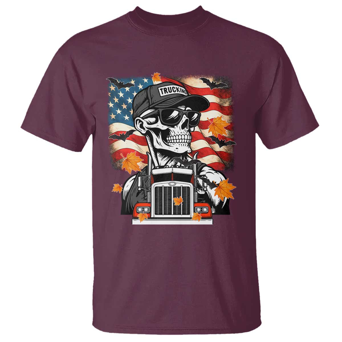 Patriotic Trucker Skeleton American Flag T Shirt - Wonder Print Shop