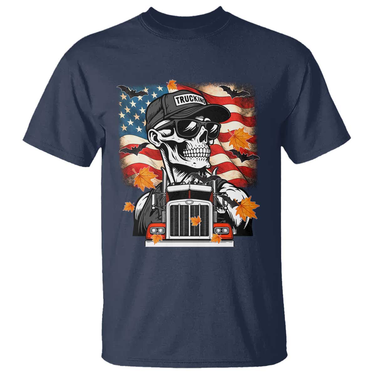 Patriotic Trucker Skeleton American Flag T Shirt - Wonder Print Shop