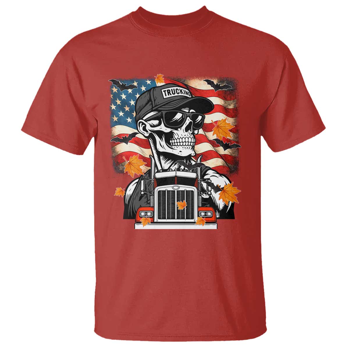 Patriotic Trucker Skeleton American Flag T Shirt - Wonder Print Shop