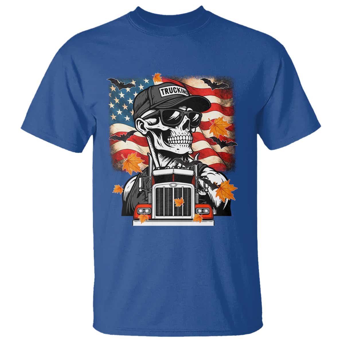Patriotic Trucker Skeleton American Flag T Shirt - Wonder Print Shop
