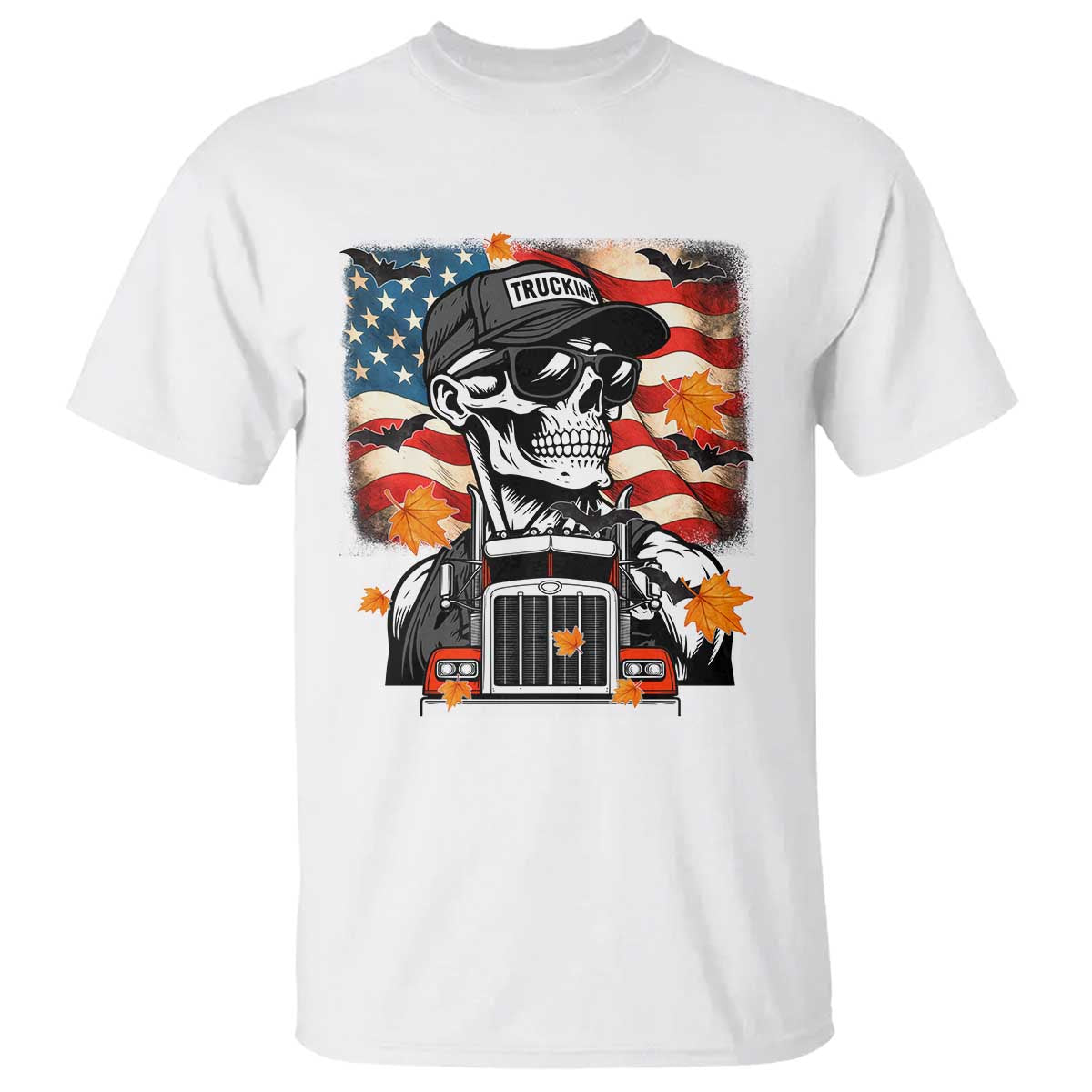 Patriotic Trucker Skeleton American Flag T Shirt - Wonder Print Shop