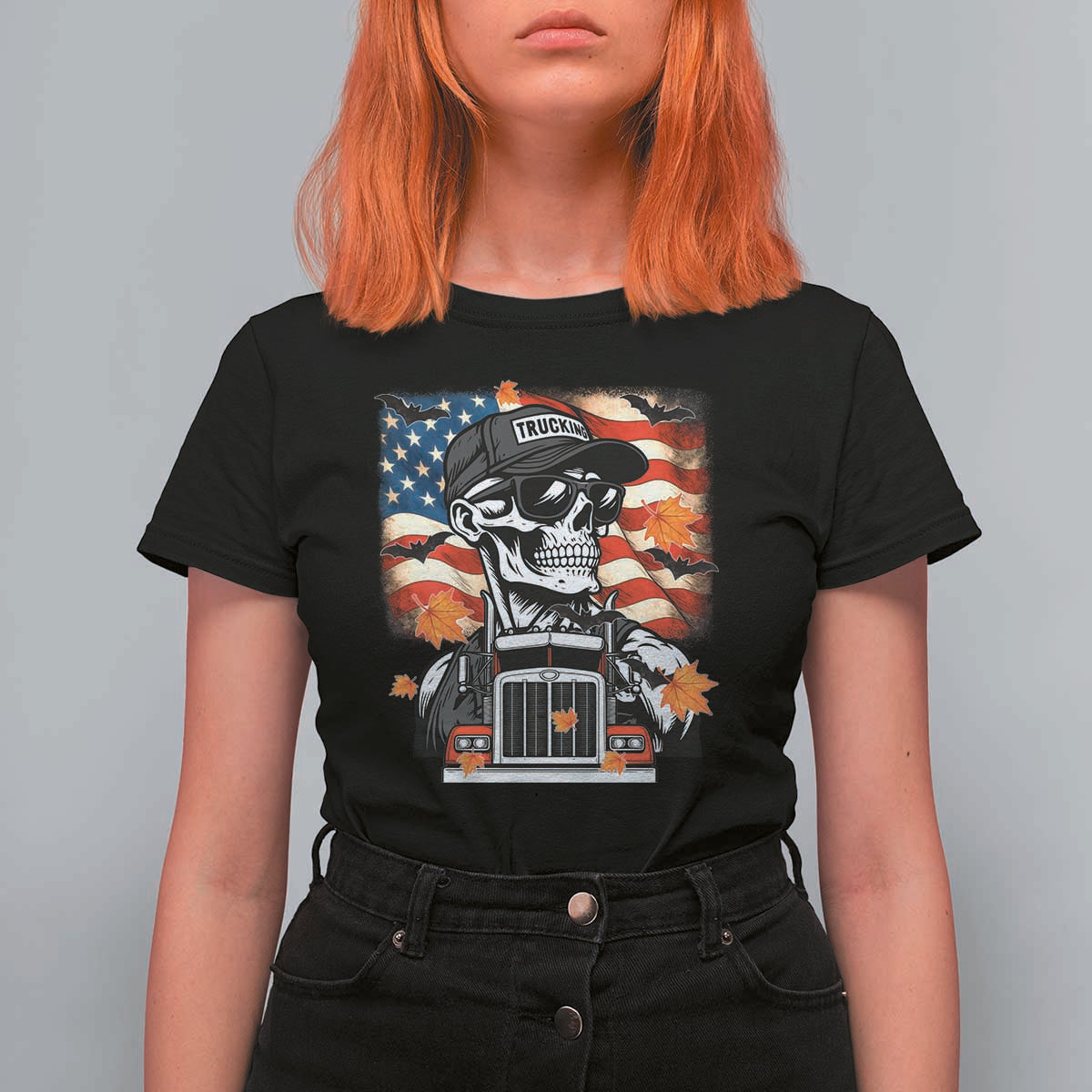 Patriotic Trucker Skeleton American Flag T Shirt For Women - Wonder Print Shop