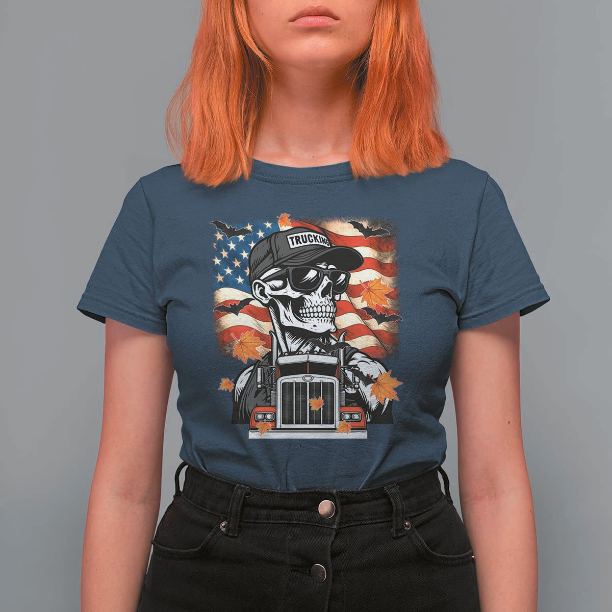 Patriotic Trucker Skeleton American Flag T Shirt For Women - Wonder Print Shop