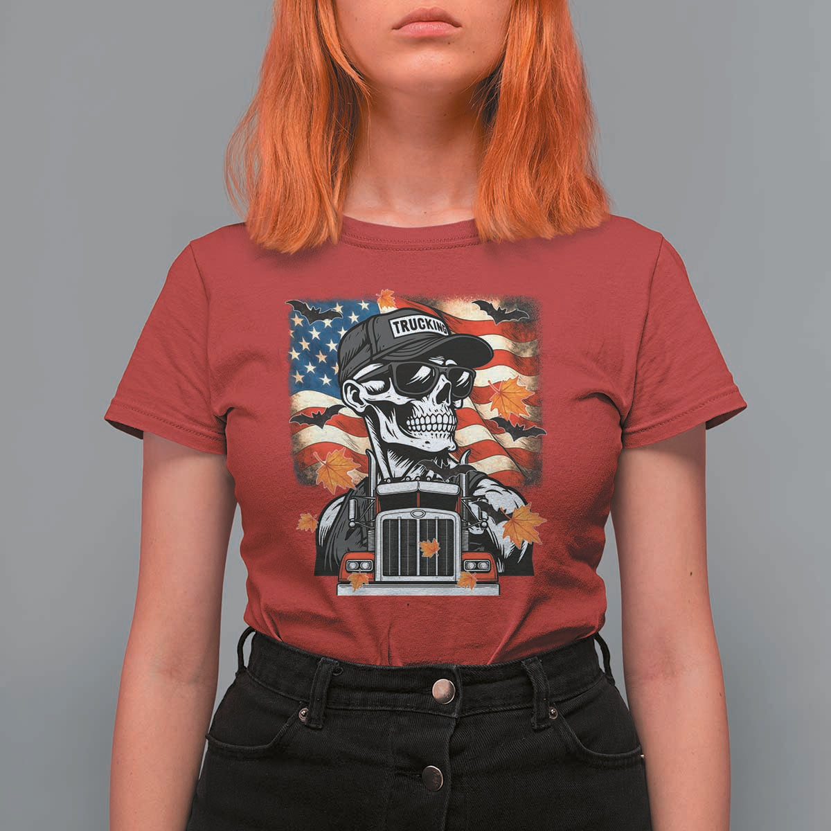 Patriotic Trucker Skeleton American Flag T Shirt For Women - Wonder Print Shop