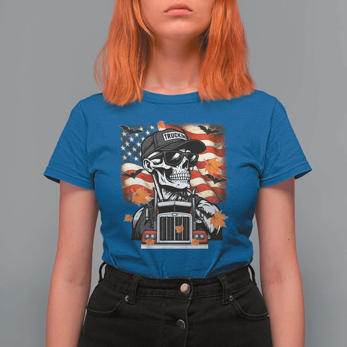 Patriotic Trucker Skeleton American Flag T Shirt For Women - Wonder Print Shop